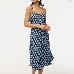 J Crew Ruffle Midi Dress With Curved Hem Blue Scandinavian Print Size 8